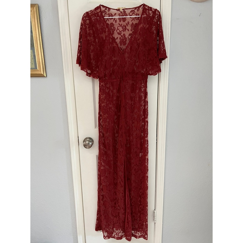 May & July‎ Maxi Dress Women Small Cotton Blend Short Sleeve Floral Lace Maroon